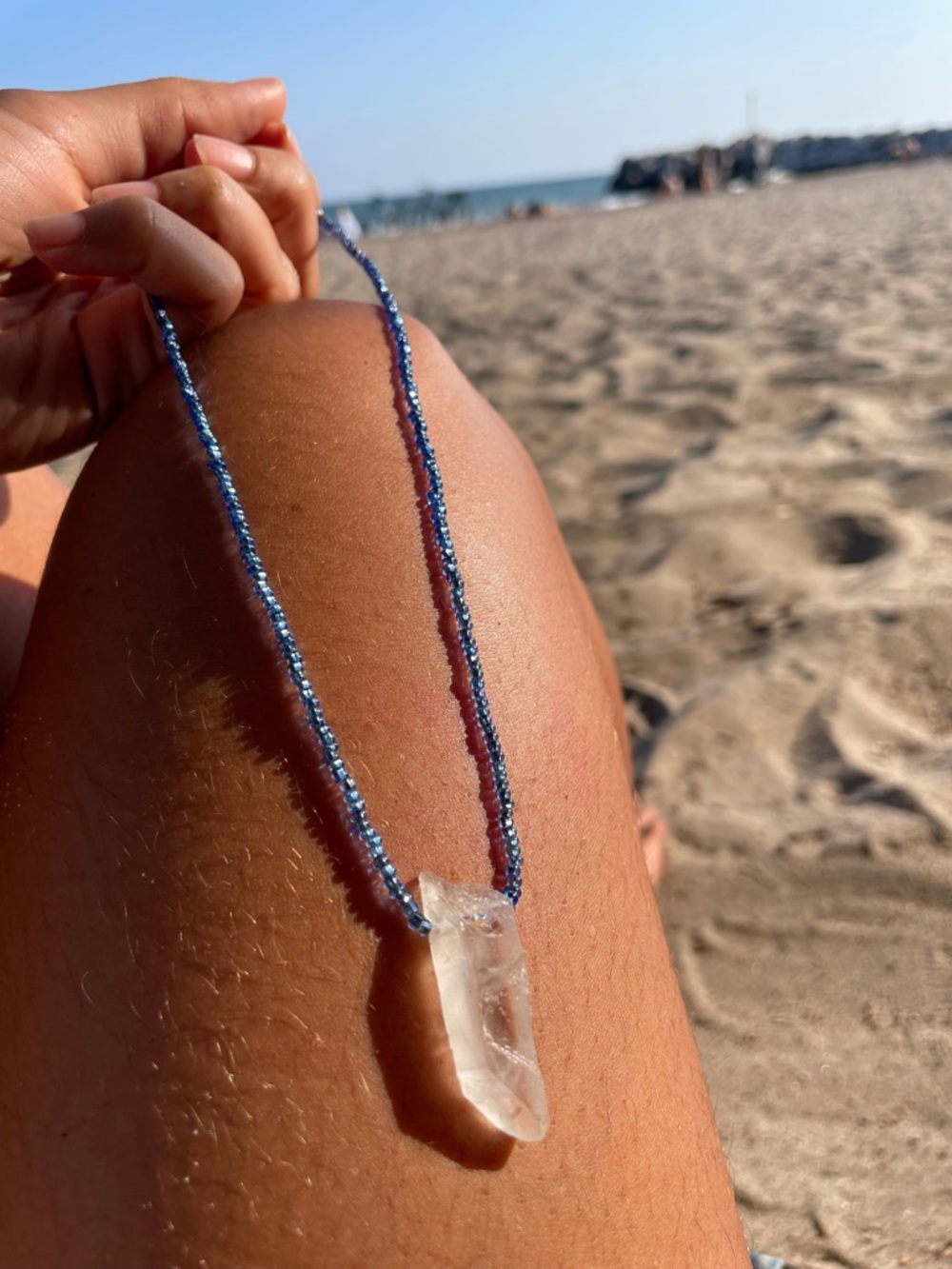 Handmade Clear Quartz Pendant Necklace with Blue Seed Beads